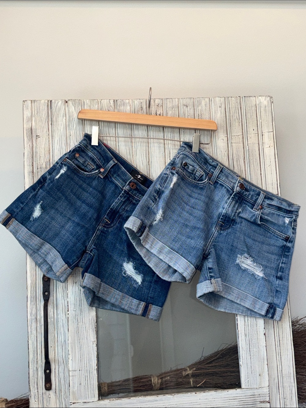 7 for all mankind Mid Roll Shorts Distressed Denim Size 24 BUNDLE OF 2 Pairs